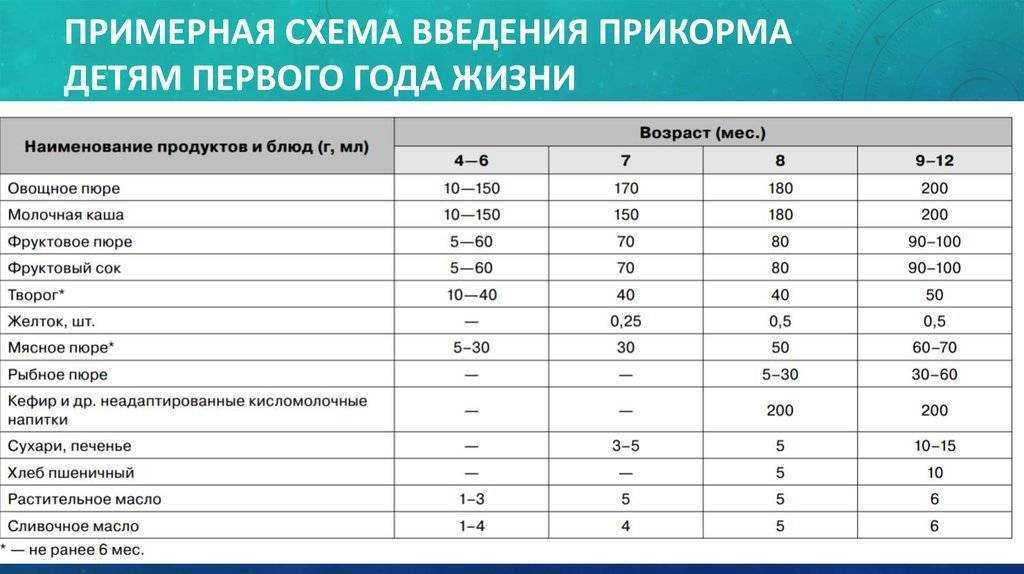 Таблица ввода прикорма по месяцам: рекомендации воз + список продуктов прикорма